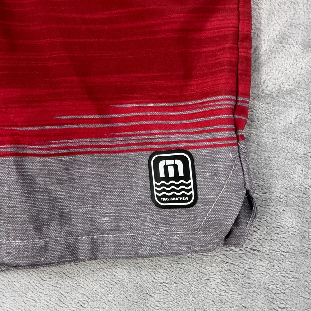 Travis Mathew Board Shorts Mens Size 32 Navy Red Grey Palm Tree Swim Trunks
